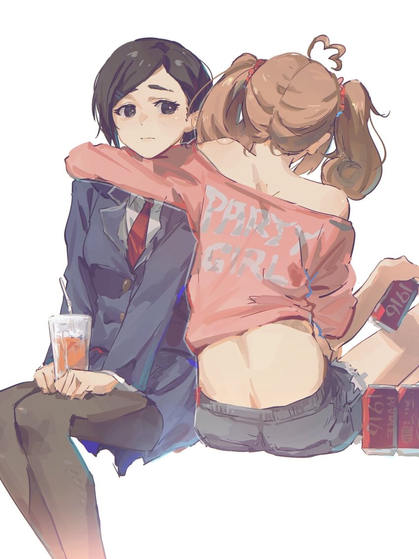 2girls ahoge ass back bare_shoulders black_hair black_pantyhose blazer blue_skirt blush breasts can closed_mouth cola cup denim denim_shorts disposable_cup drinking_straw hand_on_another&#039;s_shoulder hands_on_own_thighs highres holding holding_can idolmaster idolmaster_cinderella_girls idolmaster_cinderella_girls_starlight_stage invisible_chair jacket long_hair long_sleeves looking_to_the_side matsuo_chizuru multiple_girls necktie off-shoulder_shirt off_shoulder pantyhose pink_shirt pleated_skirt print_shirt purple_eyes red_necktie sato_shin school_uniform shirt short_hair shorts sitting skirt small_breasts text_print thick_eyebrows twintails white_background white_shirt yumi_xsh