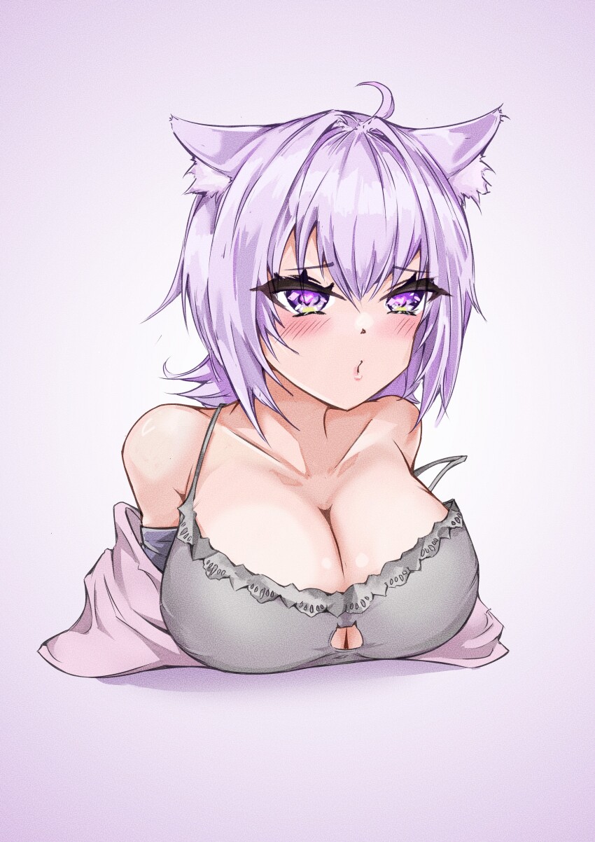 1girl absurdres ahoge animal_ear_fluff animal_ears bare_shoulders blush breasts camisole cat_cutout cat_ears cleavage cleavage_cutout clothing_cutout grey_camisole heart heart-shaped_pupils highres hololive jacket large_breasts nekomata_okayu nekomata_okayu_(membership) off_shoulder open_clothes open_jacket purple_eyes purple_hair purple_jacket short_hair solo strap_slip symbol-shaped_pupils tahela upper_body virtual_youtuber