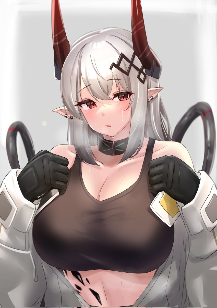 1girl arknights black_bra black_gloves black_hair blush border bra breasts cleavage commentary demon_horns earrings english_commentary enough_333 gloves gradient_hair grey_background highres horns infection_monitor_(arknights) jewelry jumpsuit large_breasts long_hair looking_to_the_side material_growth mudrock_(arknights) multicolored_hair oripathy_lesion_(arknights) parted_lips pointy_ears red_eyes silver_hair simple_background solo sports_bra stud_earrings sweat underwear undressing upper_body white_jumpsuit