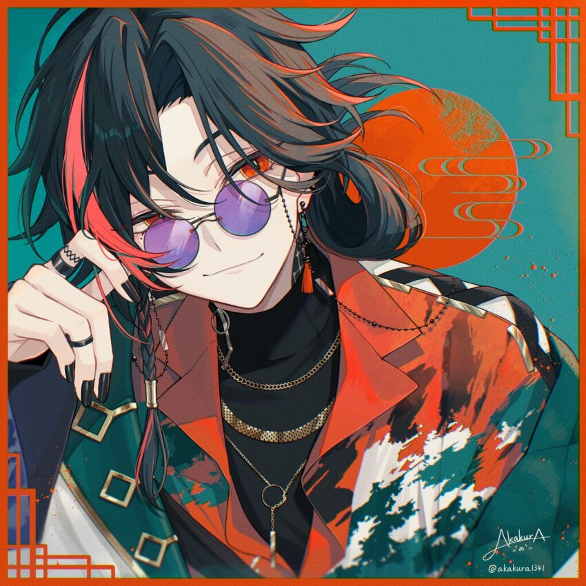 1boy akakura aqua_background artist_name black_hair black_nails black_shirt border braid chain chain_necklace closed_mouth coat collared_shirt earrings egasumi eyewear_strap fingernails glasses gold_chain gold_necklace gold_trim hair_between_eyes hand_up hashtag-only_commentary highres jewelry kaisei_(1st_costume)_(nijisanji) kaisei_(nijisanji) lapels looking_at_viewer male_focus medium_hair mole mole_under_eye multicolored_clothes multicolored_hair multicolored_shirt multiple_rings nail_polish necklace nijisanji off_shoulder open_clothes open_coat parted_bangs print_shirt purple-tinted_eyewear red_border red_eyes red_hair red_shirt ring round_eyewear shirt side_braid signature simple_background single_braid smile smirk solo streaked_hair tassel tinted_eyewear turtleneck twitter_username upper_body virtual_youtuber white_coat