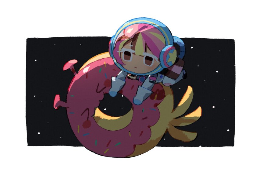 &gt;_&lt; 1girl 1other alien astronaut_cookie blonde_hair brown_eyes brown_hair chibi chibi_only closed_eyes commentary cookie_run cookie_run:_ovenbreak doughnut english_commentary floating food full_body helmet highres holding multicolored_hair official_style parted_lips pink_hair revi_616 short_hair space space_doughnut space_helmet spacesuit sprinkles star_(sky) streaked_hair white_background