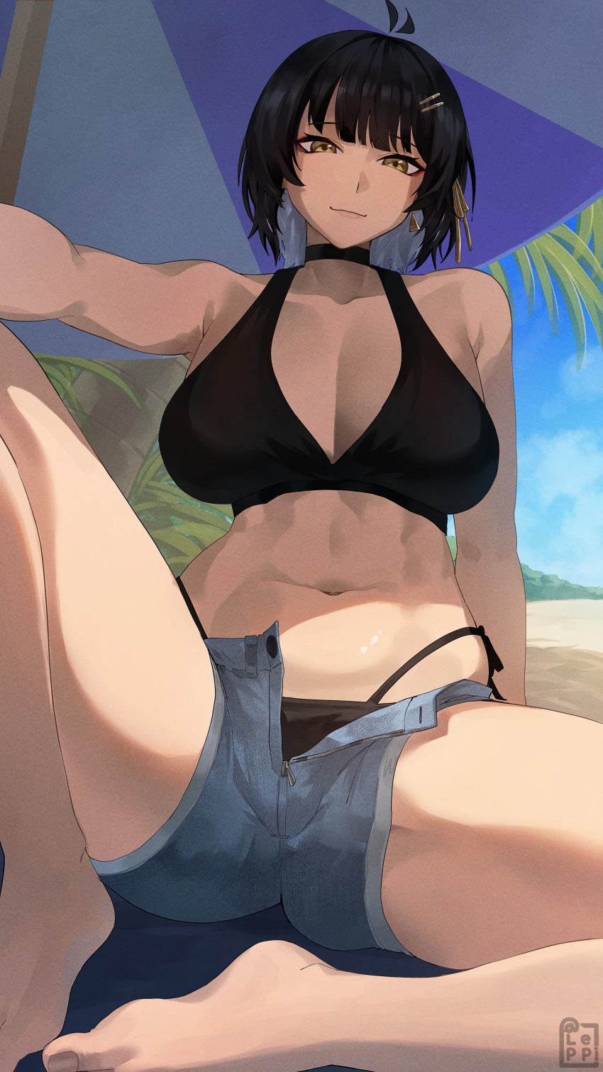 1girl absurdres antenna_hair bare_legs bare_shoulders barefoot bikini black_bikini black_choker black_hair breasts choker cleavage closed_mouth collarbone colored_inner_hair commentary denim denim_shorts earrings female_rover_(wuthering_waves) hair_ornament hair_ribbon hairclip highres jewelry large_breasts legs leppib looking_at_viewer multicolored_hair navel ribbon rover_(wuthering_waves) short_hair shorts sitting solo stomach swimsuit white_hair wuthering_waves yellow_eyes yellow_ribbon