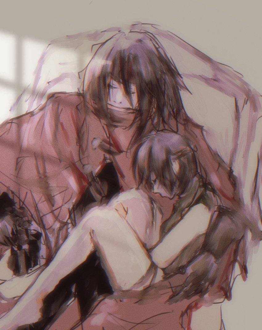 1boy 1girl black_hair cloak cradling crop_top final_fantasy final_fantasy_vii headband highres kanoe_k long_hair red_cloak short_hair shorts sleeping sleeping_on_person square_enix vincent_valentine yuffie_kisaragi