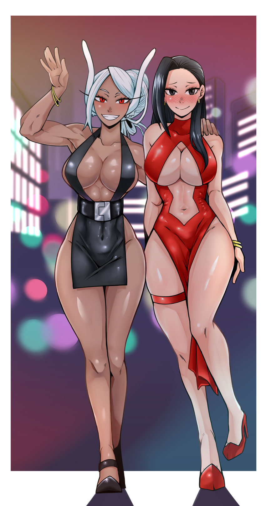 2girls biceps black_dress black_footwear boku_no_hero_academia bracelet breasts dark-skinned_female dark_skin deaf_(pixiv) dress full_body gradient_sky grin high_heels jewelry large_breasts looking_at_viewer mirko multiple_girls muscular muscular_female pelvic_curtain red_dress red_footwear revealing_clothes sky smile teeth waving yaoyorozu_momo