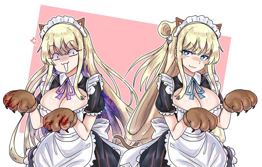 1girl :3 alternate_costume anger_vein animal_ears animal_hands apron black_dress blonde_hair blood_on_gloves blue_eyes blue_ribbon breasts cat_ears cleavage cleavage_cutout clothing_cutout colored_inner_hair commentary dress ebora english_commentary enmaided fake_animal_ears gloves gradient_hair highres large_breasts laura_stuart long_hair maid maid_apron maid_headdress multicolored_hair multiple_views neck_ribbon paw_gloves paw_pose pink_background purple_ribbon ribbon simple_background smile toaru_majutsu_no_index two-tone_background very_long_hair white_background