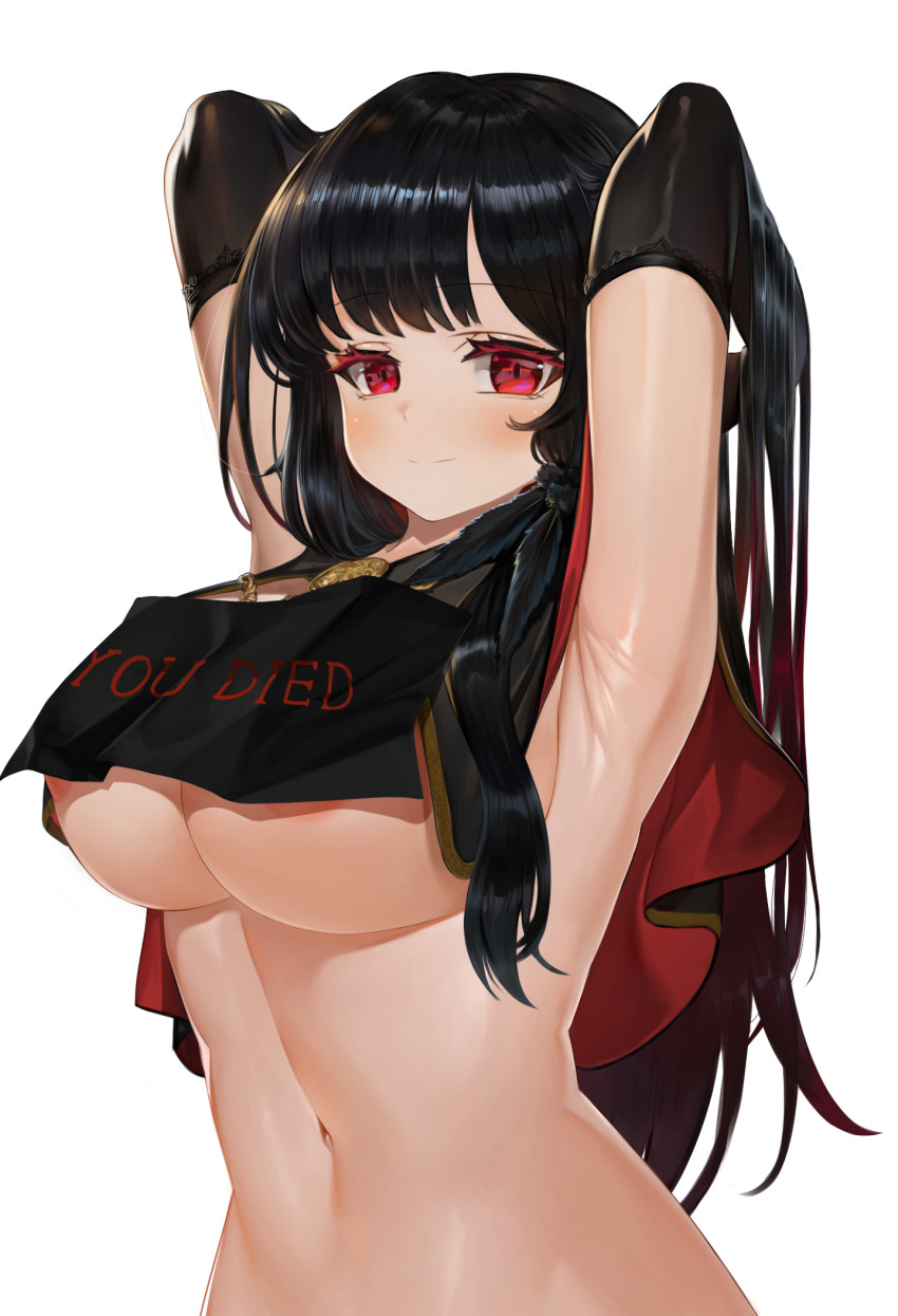 1girl armpits arms_behind_head black_capelet black_hair blush breast_curtains breasts capelet closed_mouth commentary_request dokomon fromsoftware gradient_hair hands_in_hair highres large_breasts long_hair looking_at_viewer multicolored_hair navel personification presenting_armpit red_capelet red_eyes red_hair simple_background smile solo two-sided_capelet underboob upper_body white_background you_died