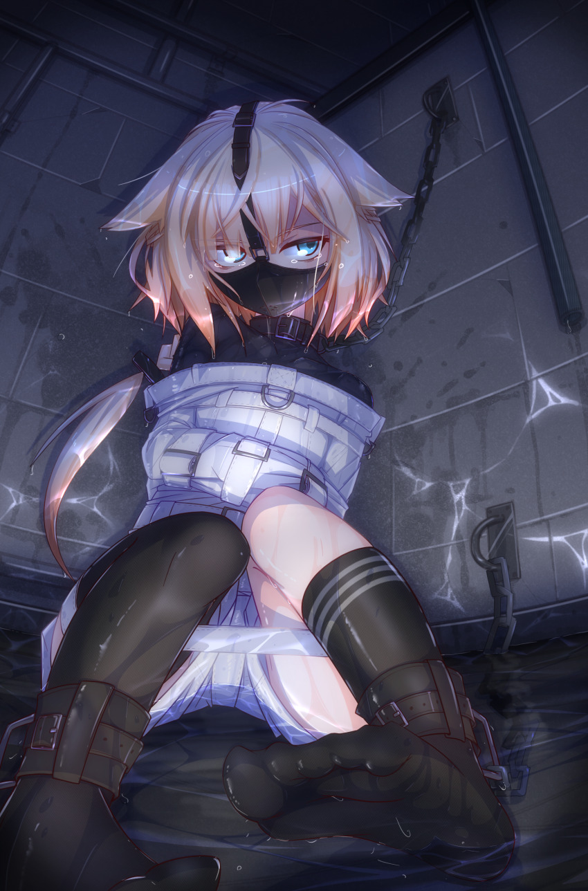 1girl absurdres animal_ears ankle_cuffs blonde_hair blue_eyes bound bound_arms cevio chain collar dungeon gag_harness highres indoors long_hair menou_74 one_(cevio) partially_submerged single_thighhigh solo straitjacket thighhighs wet wet_clothes