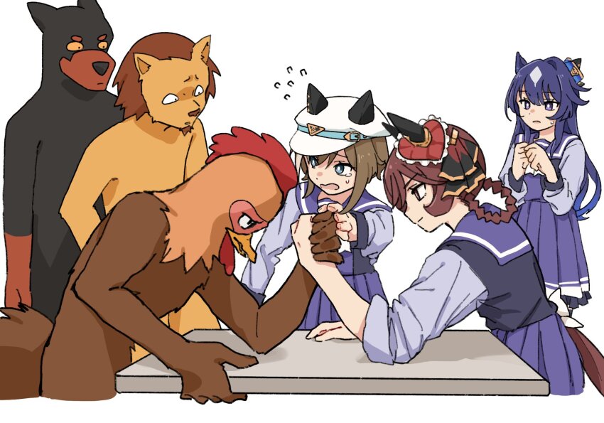 3boys 3girls animal_ears arm_wrestling bird blue_eyes blue_hair borrowed_character braid braided_hair_rings brown_hair cheval_grand_(umamusume) chicken crossover dark_blue_hair dog ear_covers elbow_on_table gentildonna_(umamusume) hair_between_eyes hair_rings hat hat_belt heart-shaped_ornament heart_ear_ornament highres holding_hands horse_ears horse_girl lion long_hair long_sleeves looking_at_another meme multicolored_hair multiple_boys multiple_girls peaked_cap pleated_skirt purple_eyes purple_sailor_collar purple_shirt purple_skirt red_eyes sailor_collar sailor_shirt school_uniform shirt simple_background single_ear_cover skirt sleeves_rolled_up streaked_hair tracen_school_uniform umamusume verxina_(umamusume) white_background white_hair white_hat yano_(edbr1022)