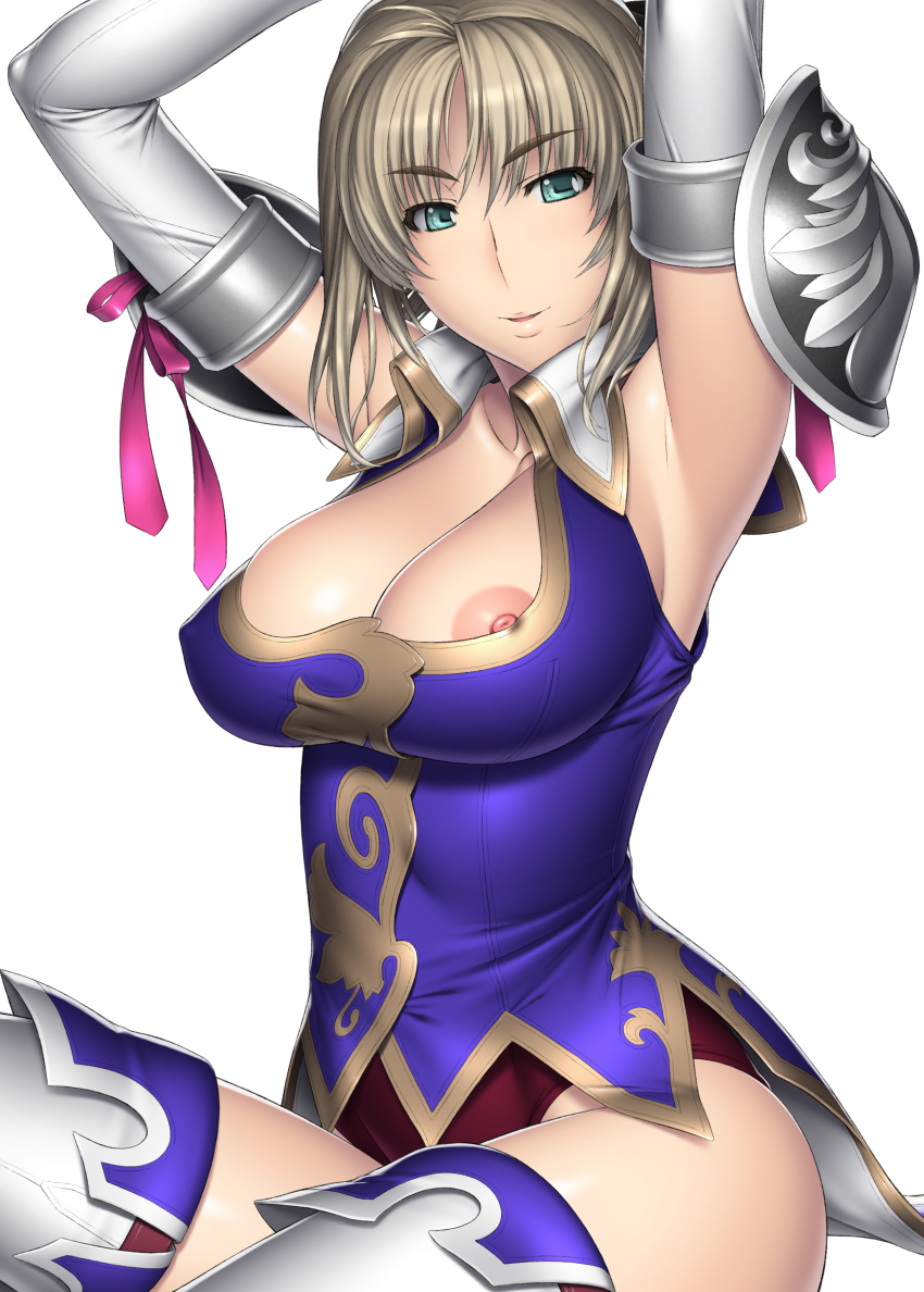 1girl absurdres armpits arms_up blonde_hair breasts cassandra_alexandra cleavage covered_erect_nipples elbow_gloves female_focus gloves green_eyes highres kansuke large_breasts looking_at_viewer nipple_slip nipples no_bra panties simple_background sitting smile solo soul_calibur soulcalibur soulcalibur_iv sweat thighhighs underwear white_background