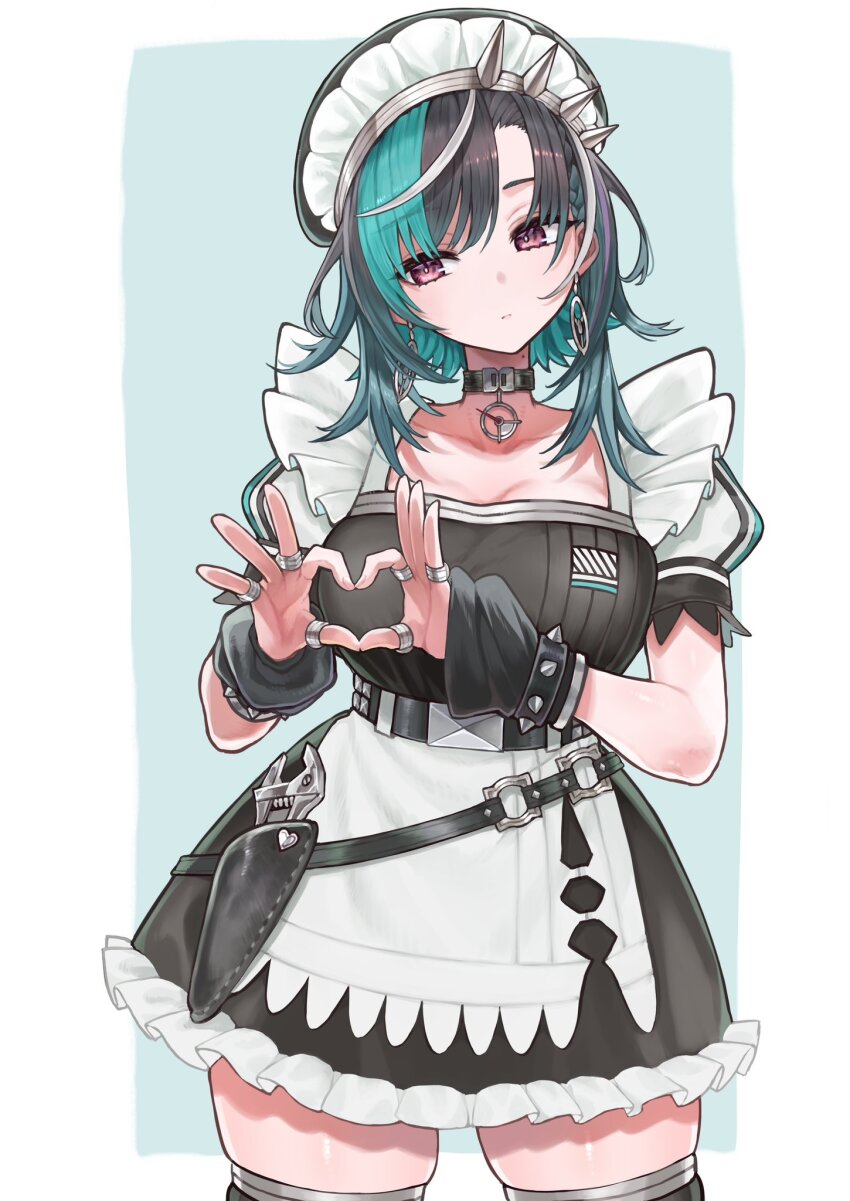 1girl 4-finger_heart_hands :/ @-you_(you_2023_8_16) apron aqua_hair asymmetrical_hair averting_eyes belt beret black_belt black_choker black_dress black_hair black_thighhighs breasts brown_eyes choker collarbone colored_inner_hair commentary cosplay cowboy_shot dress earrings ellen_joe ellen_joe_(cosplay) floating_earring frilled_skirt frills grey_background hairband hat heart heart_hands high_belt highres hololive hololive_dev_is jewelry large_breasts maid maid_apron maid_headdress medium_hair moechakkafire multicolored_hair multiple_rings pendant_choker puffy_short_sleeves puffy_sleeves purple_stripes rindo_chihaya ring short_sleeves simple_background skindentation skirt skirt_pocket solo spiked_hairband spiked_sleeves spikes streaked_hair studded_belt thighhighs two-tone_background virtual_youtuber waist_apron white_apron white_background white_headdress white_stripes wrench wrist_cuffs zenless_zone_zero zettai_ryouiki