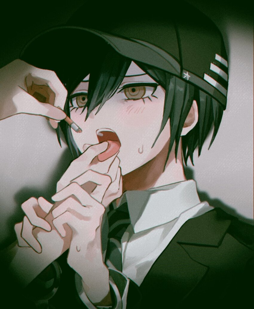 1boy black_hair black_jacket brown_eyes cigarette danganronpa_(series) danganronpa_v3:_killing_harmony hair_between_eyes highres jacket long_sleeves male_focus nekor0id official_alternate_costume pulling_tongue saihara_shuichi saliva shirt short_hair solo_focus