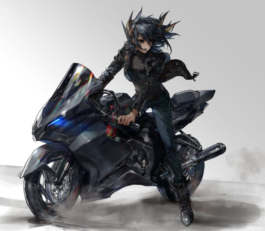 1boy black_footwear black_hair black_jacket black_pants black_shirt blue_eyes fudo_yusei grey_background hand_on_handle handlebar jacket leather leather_jacket looking_to_the_side male_focus momentcorefly motor_vehicle motorcycle on_motorcycle open_clothes open_jacket outdoors pants shirt white_background wind yu-gi-oh! yu-gi-oh!_5d&#039;s