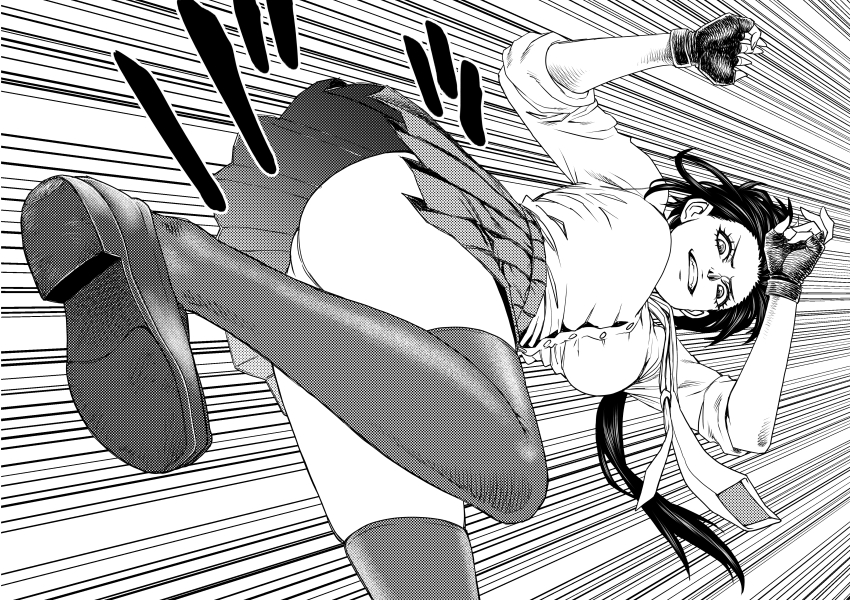 1girl absurdres breasts commentary_request fingerless_gloves gloves greyscale grin highres kicking large_breasts long_hair miniskirt mma_gloves monochrome necktie original panties pantyshot pleated_skirt ponytail school_uniform shirt_tucked_in skirt sleeves_rolled_up smile solo speed_lines takayama_akira thighhighs underwear zettai_ryouiki