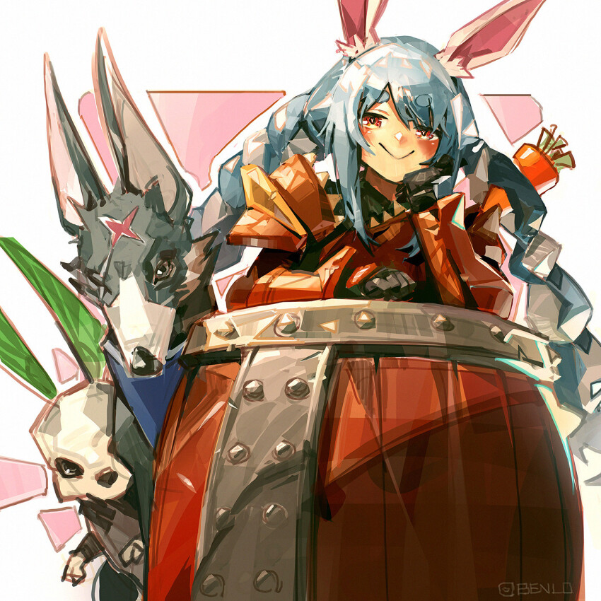 1girl animal_ear_fluff animal_ears armor barrel ben_lo black_gloves blush brown_eyes canyne carrot_hair_ornament commentary english_commentary felyne food-themed_hair_ornament gloves hair_ornament highres hololive leaning_forward looking_at_viewer monster_hunter_(series) multicolored_hair rabbit_ears rabbit_girl short_eyebrows smile streaked_hair thick_eyebrows usada_pekora v-shaped_eyebrows virtual_youtuber wolf