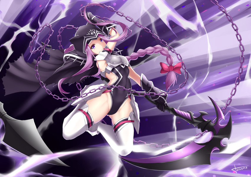 1girl black_cape black_capelet black_cloak black_leotard cape capelet chain cloak collar fate/grand_order fate_(series) harpe highres holding holding_scythe hood hooded_cloak leotard long_braid long_hair looking_at_viewer medusa_(fate) medusa_(lancer)_(fate) purple_eyes purple_hair red_collar rider scythe solo thighhighs to_kinji