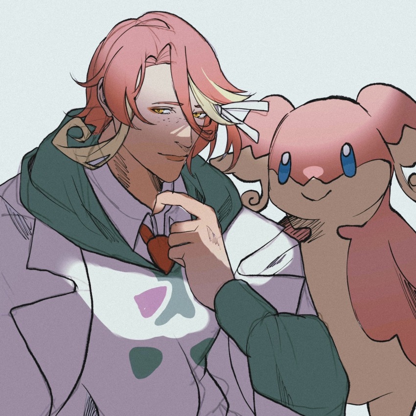 1boy audino blue_sclera colored_sclera commission creatures_(company) game_freak gen_5_pokemon highres light_smile lips looking_to_the_side multicolored_shirt nintendo pink_fur pink_hair pokemon pokemon_(creature) reo_(mmocc123) shirt skeb_commission smile upper_body white_background white_shirt yellow_eyes