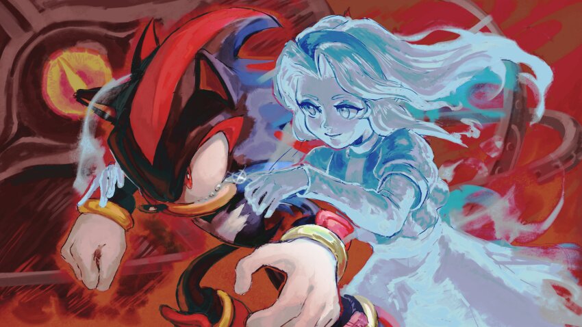 1girl 2boys @gamescage absurdres alien black_doom black_fur blonde_hair blue_eyes crying crying_with_eyes_open death ghost gloves headband highres long_hair maria_robotnik multiple_boys red_eyes red_fur shadow_the_hedgehog sonic_(series) sonic_generations sonic_x_shadow_generations spirit tears twitter twitter_username video_game white_gloves yellow_eyes