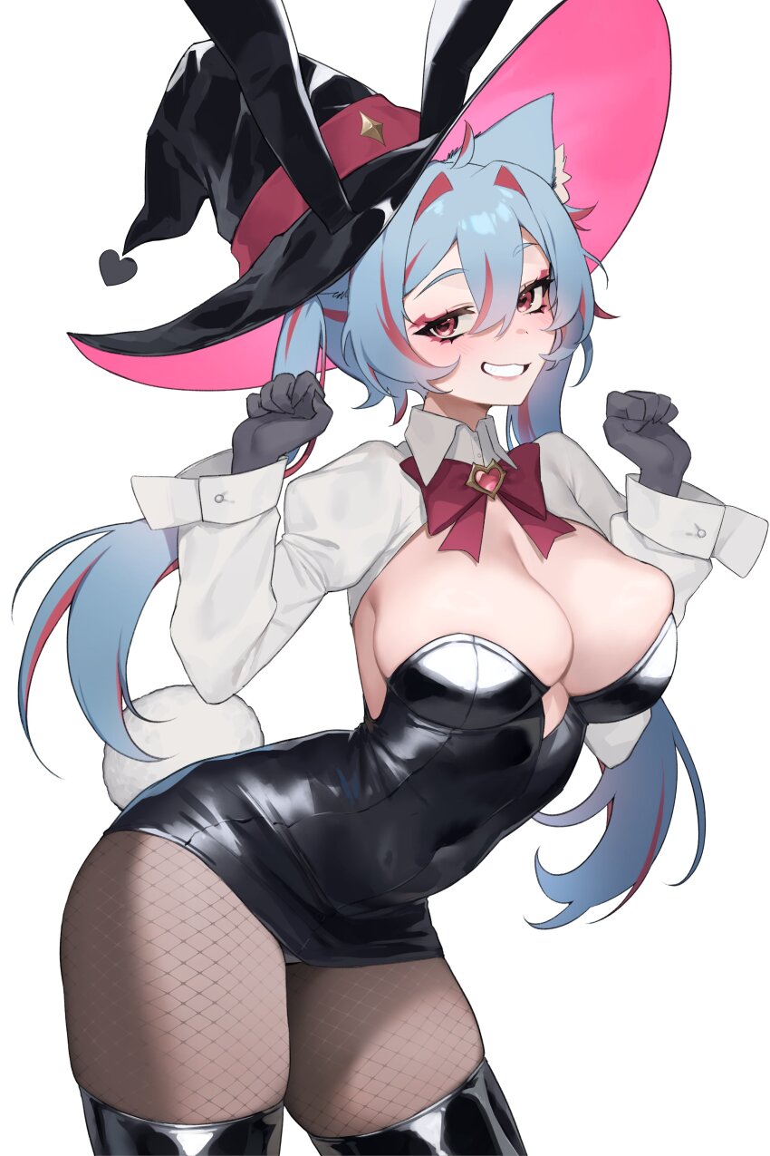 1girl absurdres animal_ears arms_up blue_hair blush breasts dress fishnets hat highres large_breasts leather long_sleeves multicolored_hair naughty_face ohwasuy orange_eyes original panties panty_peek puffy_sleeves rabbit_ears see-through_clothes shrug_(clothing) simple_background smile strapless strapless_dress thighhighs two-tone_hair underwear white_background witch_hat