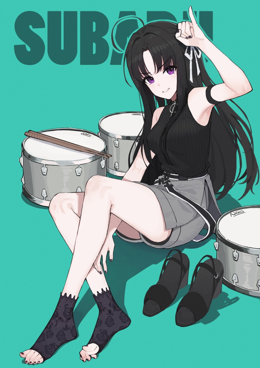 1girl absurdres ahoge arm_strap arm_up awa_subaru black_hair black_nails black_socks character_name drum drumsticks feet full_body girls_band_cry grey_shorts hair_ribbon highres instrument lan_mao_akko long_hair looking_at_viewer nail_polish no_shoes purple_eyes ribbon sandals shirt shorts simple_background sitting sleeveless sleeveless_shirt smile socks solo toeless_legwear toenail_polish toenails toes unworn_sandals