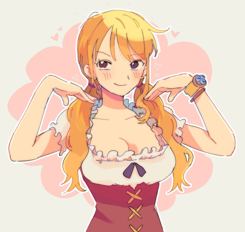 1girl bangle blush bracelet breasts brown_eyes cleavage closed_mouth collarbone commentary earrings english_commentary frilled_shirt frills hands_up heart highres jewelry kira_(marshukitty) large_breasts log_pose long_hair looking_at_viewer low_twintails nami_(one_piece) official_alternate_costume official_alternate_hairstyle one_piece orange_hair red_skirt shirt short_sleeves single_sidelock skirt smile solo twintails upper_body wavy_hair white_shirt