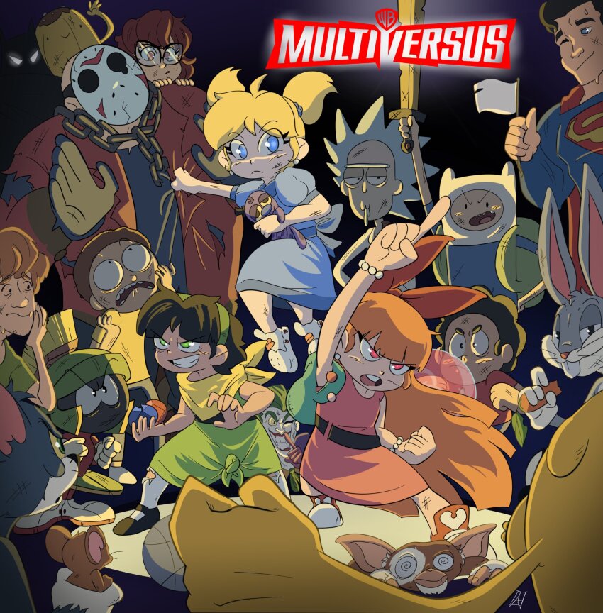 4girls 6+boys adult_swim adventure_time batman blossom_(ppg) bruise bruise_on_face bubbles_(ppg) bugs_bunny buttercup_(ppg) cartoon_network copyright_name crossover dc_comics english_text fighting_stance finn_the_human friday_the_13th furry furry_male gizmo_(gremlins) gremlins_(film) highres injury jake_the_dog jason_voorhees jerry_(tom_and_jerry) long_hair looney_tunes marvin_the_martian medium_hair moccimu morty_smith multiple_boys multiple_crossover multiple_girls multiversus powerpuff_girls rick_and_morty rick_sanchez scooby-doo shaggy_rogers short_hair steven_quartz_universe steven_universe superman the_joker tom_(tom_and_jerry) tom_and_jerry velma_dinkley warner_bros