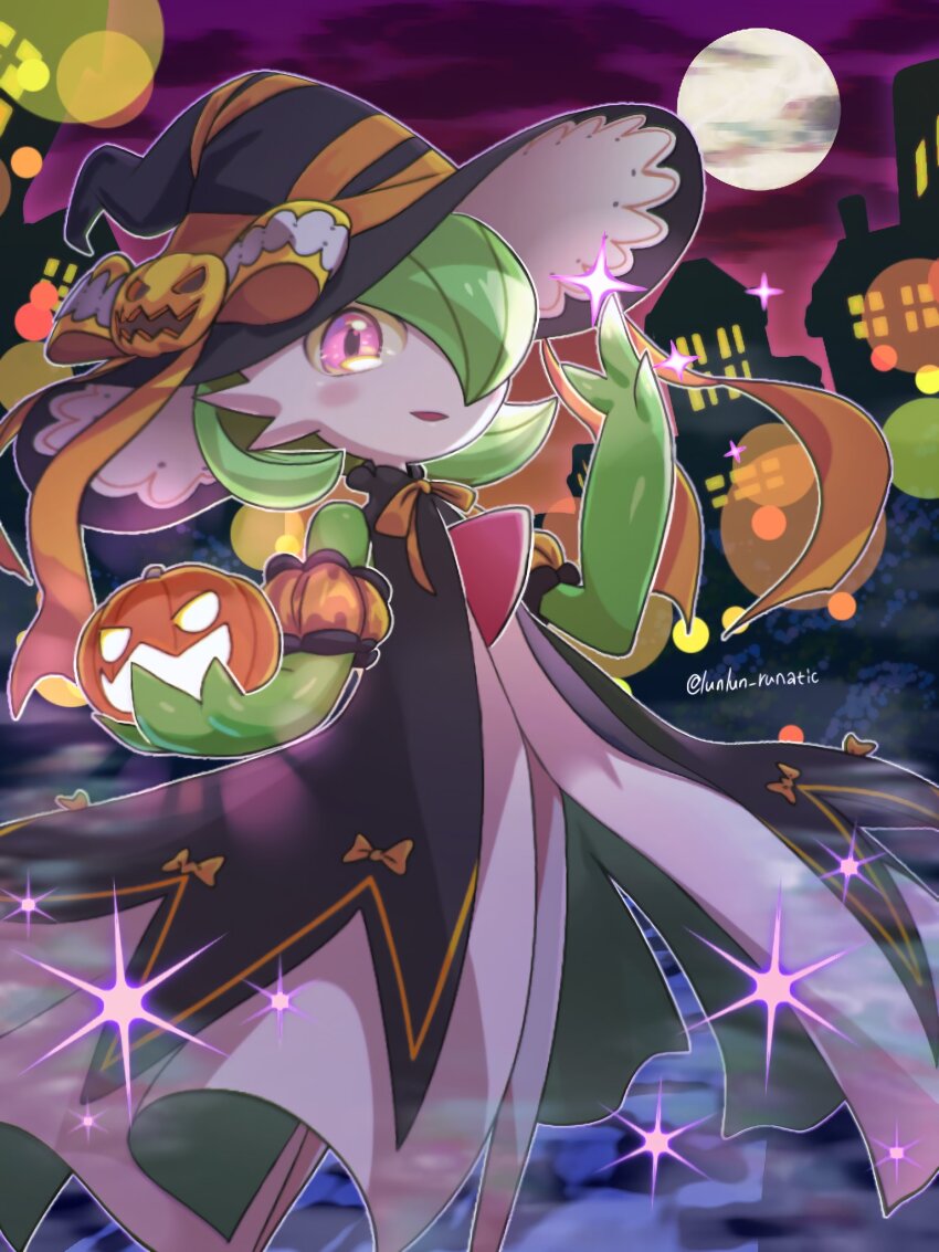 artist_name bob_cut bow clothed_pokemon colored_skin creatures_(company) dress food full_moon game_freak gardevoir gardevoir_(halloween) gen_3_pokemon green_hair green_skin hair_over_one_eye halloween hat hat_bow highres holding holding_food holding_pumpkin holding_vegetable looking_at_viewer moon multicolored_skin nintendo orange_bow pink_eyes pokemon pokemon_(creature) pokemon_cafe_remix pumpkin runachikku sparkle two-tone_skin vegetable white_dress white_skin witch_hat