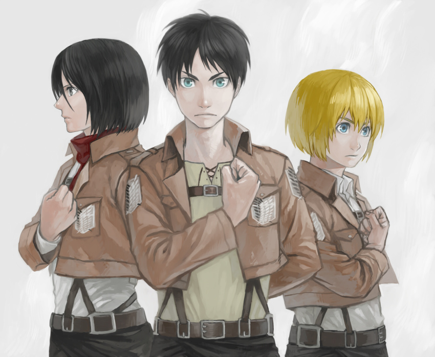 1girl 2boys armin_arlert belt black_eyes black_hair blonde_hair blouse blue_eyes eren_yeager green_eyes highres jacket looking_at_viewer mikasa_ackerman mukuo multiple_boys salute scarf shingeki_no_kyojin shirt short_hair simple_background smoke