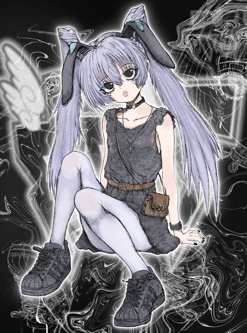 1girl abstract_background absurdres adidas bag belt black_footwear black_nails bracelet brown_belt choker collarbone convenient_leg copyright_name cross cross_necklace dress expressionless flat_chest full_body grey_hair handbag heart heart_choker hedprotag highres jewelry logo looking_at_viewer muv-luv necklace outline pantyhose shoes sitting sleeveless sleeveless_dress sneakers solo twintails white_outline white_pantyhose yashiro_kasumi