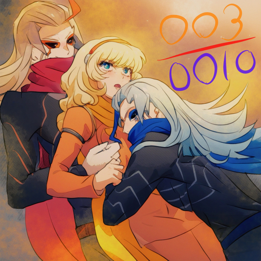 0010_(cyborg_009) 1girl 2boys black_eyes blonde_hair blue_eyes blue_scarf coat cyborg_009 francoise_arnoul hairband highres hug long_hair multicolored_hair multiple_boys red_coat red_hairband red_scarf sariokisu scarf straight_hair white_hair yellow_scarf