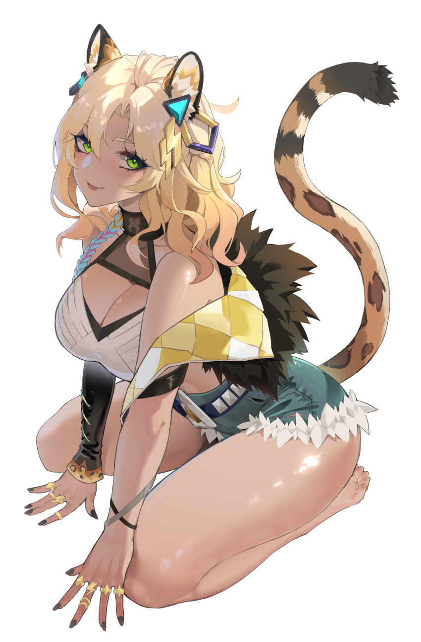 1girl absurdres animal_ears aqua_hair black_nails blonde_hair blue_shorts braid breasts cleavage closed_mouth cms_(fei_ju_sang) commentary_request crop_top cutoffs denim denim_shorts fingernails genshin_impact green_eyes highres jaguar_ears jaguar_tail large_breasts long_hair looking_at_viewer multicolored_hair nail_polish orange_hair pink_hair seiza short_shorts shorts simple_background sitting smile solo stomach tail white_background xilonen_(genshin_impact)