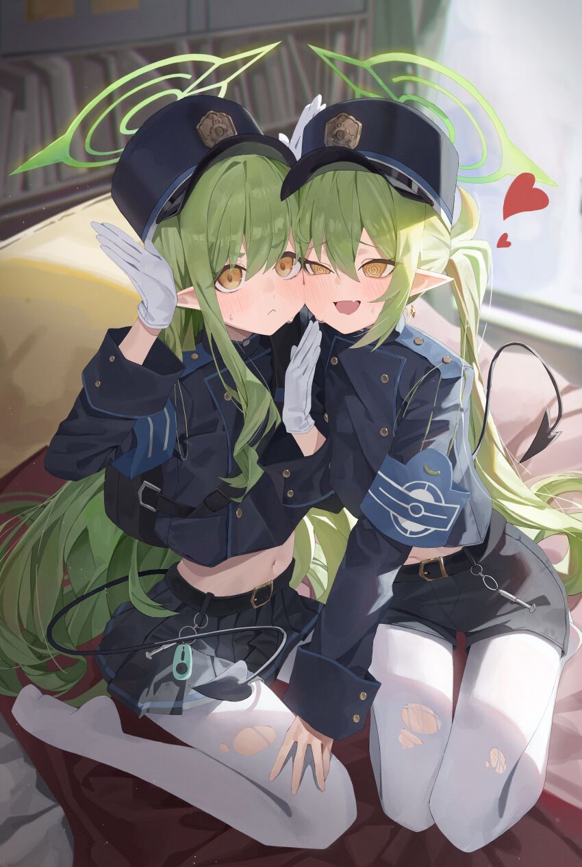 2girls @_@ absurdres black_hat black_jacket black_shorts black_skirt black_tail blue_archive blush closed_mouth demon_tail fang gloves green_hair green_halo hair_between_eyes halo hat heart highres hikari_(blue_archive) indoors jacket long_hair long_sleeves mirrorapo_yemp multiple_girls nozomi_(blue_archive) open_mouth pantyhose peaked_cap pleated_skirt pointy_ears shorts siblings sisters skin_fang skirt tail twins twintails white_gloves white_pantyhose yellow_eyes