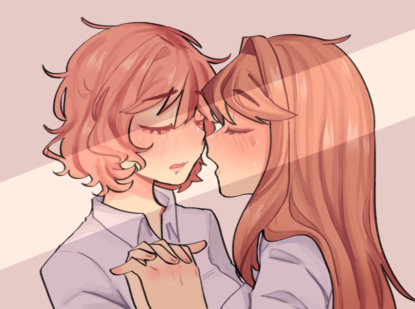 2girls blush breasts closed_eyes collared_shirt commentary doki_doki_literature_club hashtag-only_commentary highres holding_hands imminent_kiss interlocked_fingers light_rays long_hair monika_(doki_doki_literature_club) multiple_girls open_mouth orange_hair pink_hair pockiseisont sayori_(doki_doki_literature_club) shirt short_hair sunbeam sunlight sweat tears upper_body white_shirt yuri