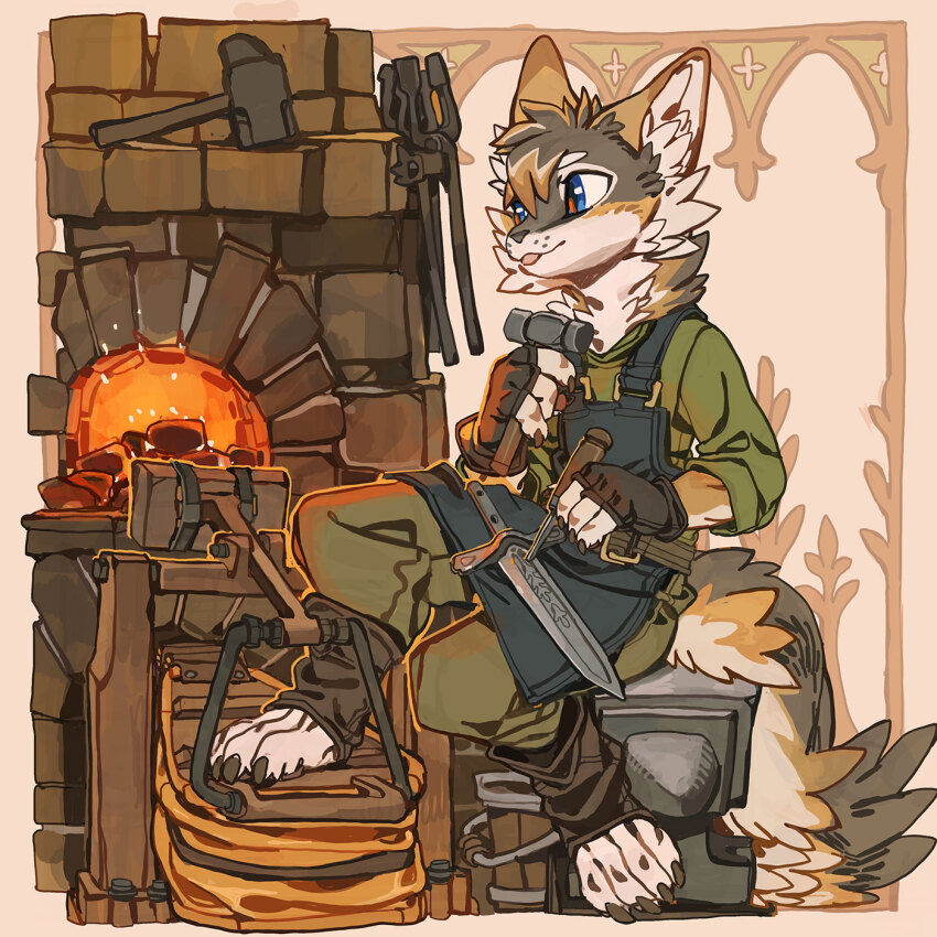 1boy :3 animal_ears anvil apron bellows black_gloves blacksmith blue_apron blue_eyes coal dagger fewer_digits fingerless_gloves fireplace forge from_side full_body furry furry_male gloves green_pants green_shirt hammer highres holding holding_hammer knife looking_to_the_side male_focus multicolored_fur original pants shirt sitting smile solo tail tongue tongue_out tuozhazi weapon wolf_boy wolf_ears wolf_tail