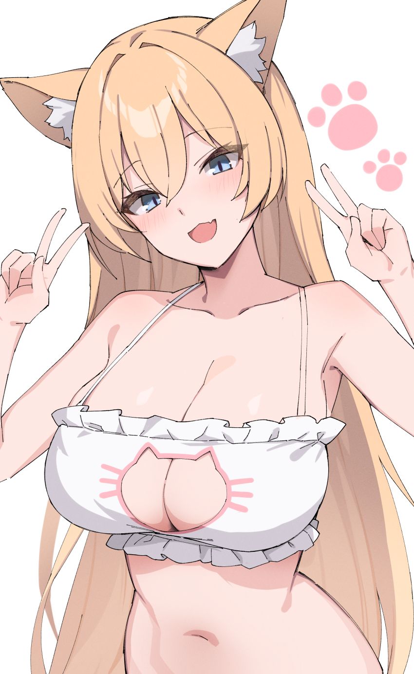 1girl absurdres animal_ear_fluff animal_ears bare_shoulders blonde_hair blue_hair breasts brll cat_cutout cat_ears cat_girl cat_lingerie cleavage clothing_cutout collarbone double_v highres large_breasts long_hair meme_attire open_mouth original solo stomach v