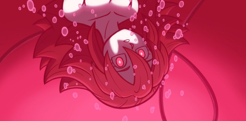 1girl breasts bright_pupils bubble cable cleavage commentary dragon_ball english_commentary gradient_background highres looking_at_viewer nude open_mouth original pointy_hair red_eyes red_hair saiyan super_saiyan super_saiyan_god talven teeth thick_lineart underwater underwater_shot upside-down white_pupils