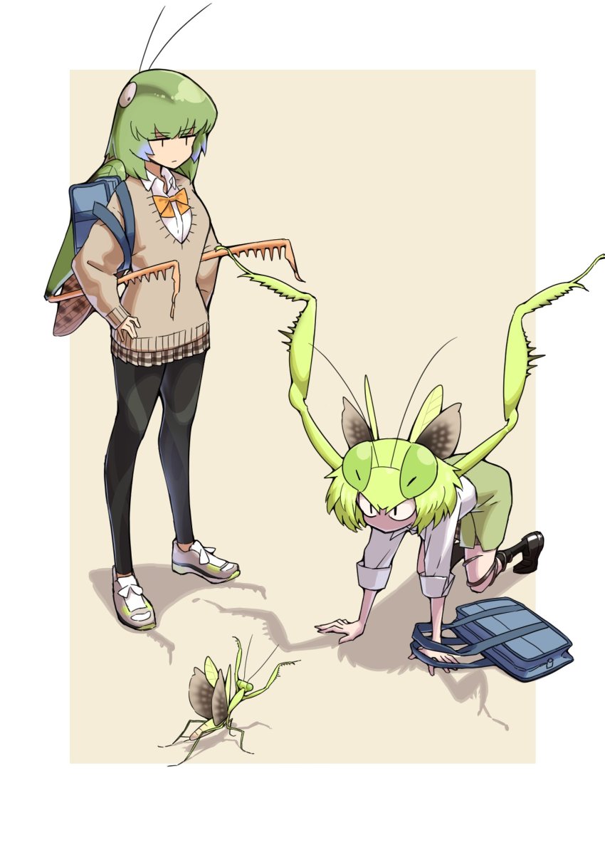 2girls all_fours antennae backpack bag border bow bowtie evolvingmonkey extra_arms extra_eyes female_focus grasshopper_inoue green_hair hands_on_own_hips highres arthropod_girl long_hair mantis_akiyama monster_girl multiple_girls orange_neckwear original praying_mantis shadow short_hair sweater white_border