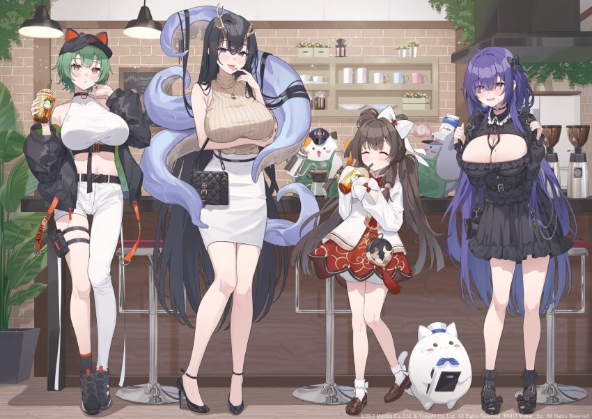 4girls admiral_nakhimov_(azur_lane) ahoge animal_ears anklet antlers azur_lane bar_stool bare_shoulders baseball_cap belt black_bag black_belt black_bow black_choker black_dress black_footwear black_hair black_hat black_jacket black_socks bloomers blue_eyes blush bow breasts brown_eyes brown_footwear brown_hair brown_sweater center_opening choker cleavage_cutout closed_eyes clothing_cutout coffee_maker cup double_bun dress drinking drinking_straw espresso_machine fake_animal_ears finger_to_tongue frilled_dress frills golden_hind_(azur_lane) green_hair hair_bow hair_bun hat high_heels highres holding holding_cup horns indoors jacket jewelry large_breasts loafers long_hair meowfficer_(azur_lane) mogador_(azur_lane) multiple_girls navel necklace o-ring o-ring_choker off_shoulder official_art open_mouth pants pouch purple_eyes purple_hair red_dress sg_(satoumogumogu) shirt shoes short_hair skirt sleeveless sleeveless_sweater sneakers socks stool sweater tentacles thigh_pouch thigh_strap tongue tongue_out underwear very_long_hair white_bloomers white_jacket white_pants white_shirt white_skirt white_socks zuihou_(azur_lane)