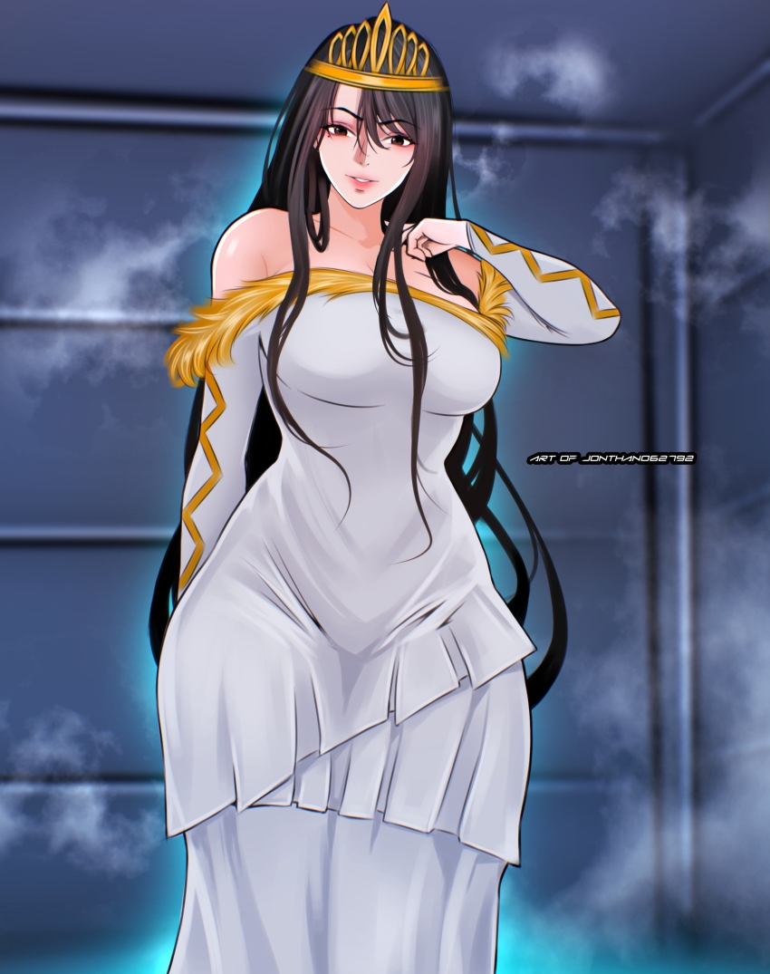 1girl absurdres black_eyes black_hair brown_hair dress hand_up highres jonthan062792 long_hair looking_at_viewer open_mouth priscilla_glayder smile steam the_beginning_after_the_end tiara very_long_hair white_dress