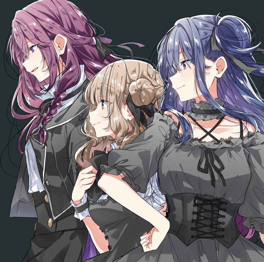 3girls amasawa_hajime black_background black_corset black_dress black_jacket black_ribbon blue_hair braid commentary_request corset cowboy_shot dress hair_ribbon half_updo izumi_shiho jacket light_brown_hair long_hair multiple_girls off-shoulder_dress off_shoulder official_art one_side_up purple_eyes purple_hair ribbon sasayaku_you_ni_koi_wo_utau satomiya_momoka second-party_source shirt short_sleeves side_braid sidelocks simple_background white_shirt yellow_eyes