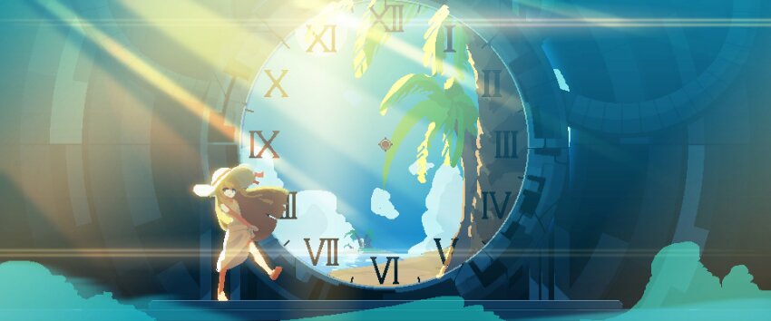 1girl aduare barefoot beach blonde_hair clock dress hat highres original palm_tree solo straw_hat tree white_dress