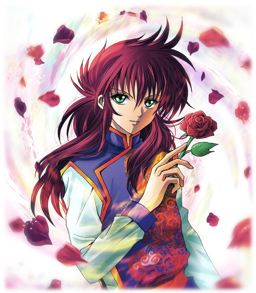 1boy blurry flower gradient_background green_eyes highres holding holding_flower japanese_clothes kurama_(yu_yu_hakusho) long_hair male_focus petals red_hair rose solo tsukasaki_haruko tsukasaki_ryouko upper_body yuu_yuu_hakusho