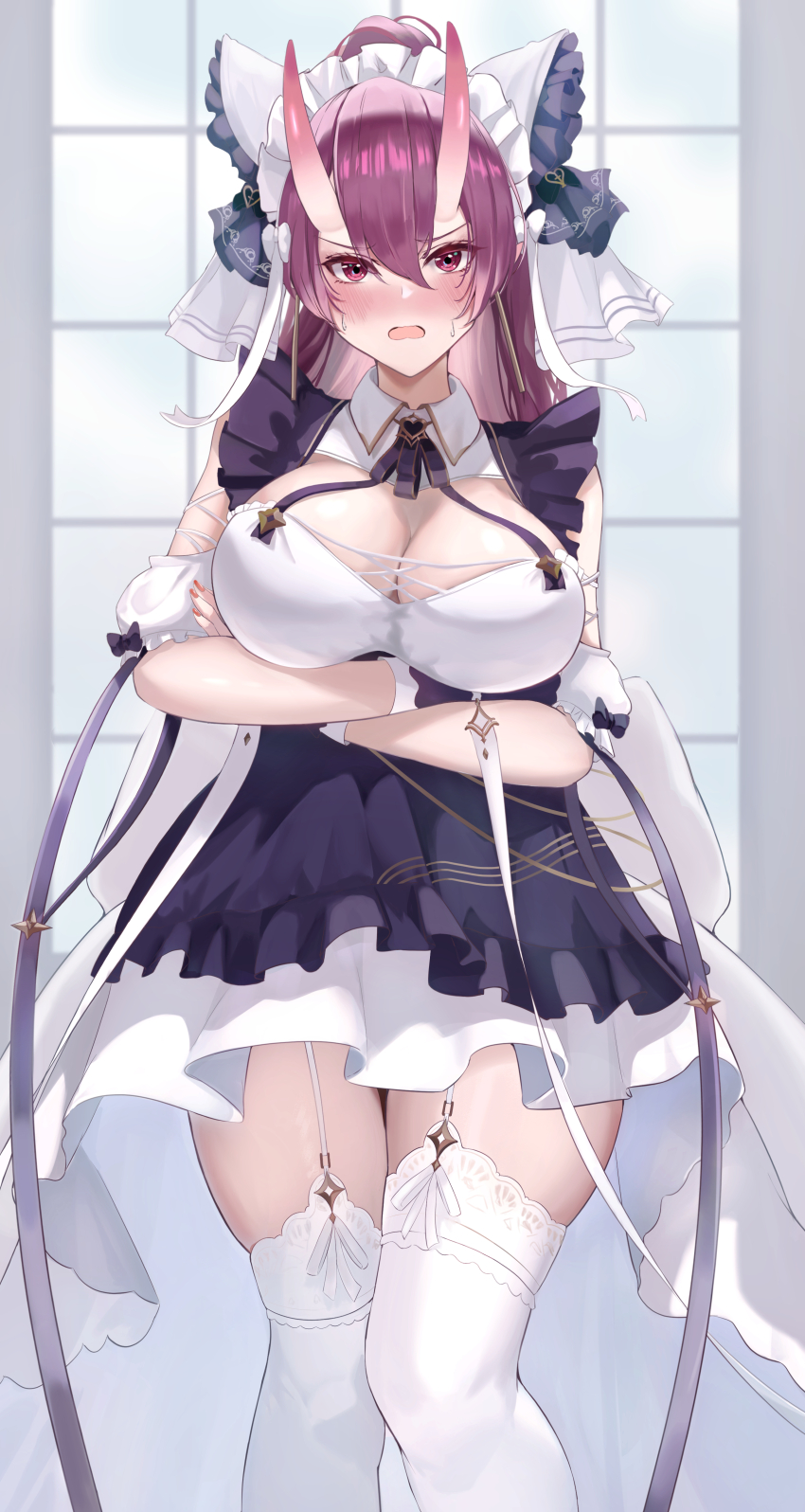 1girl absurdres alternate_costume arm_support arm_under_breasts azur_lane bare_shoulders blue_dress breast_rest breasts cheshire_(azur_lane) cheshire_(azur_lane)_(cosplay) cleavage cleavage_cutout clothing_cutout commentary_request commission cosplay demon_girl demon_horns dress embarrassed enmaided frilled_dress frills garter_straps gloves hair_between_eyes highres hip_focus horns indoors izumo_(azur_lane) large_breasts long_hair looking_at_viewer maid maid_headdress oni pigu_56100 pink_eyes pixiv_commission purple_eyes purple_hair single_glove solo thighs very_long_hair