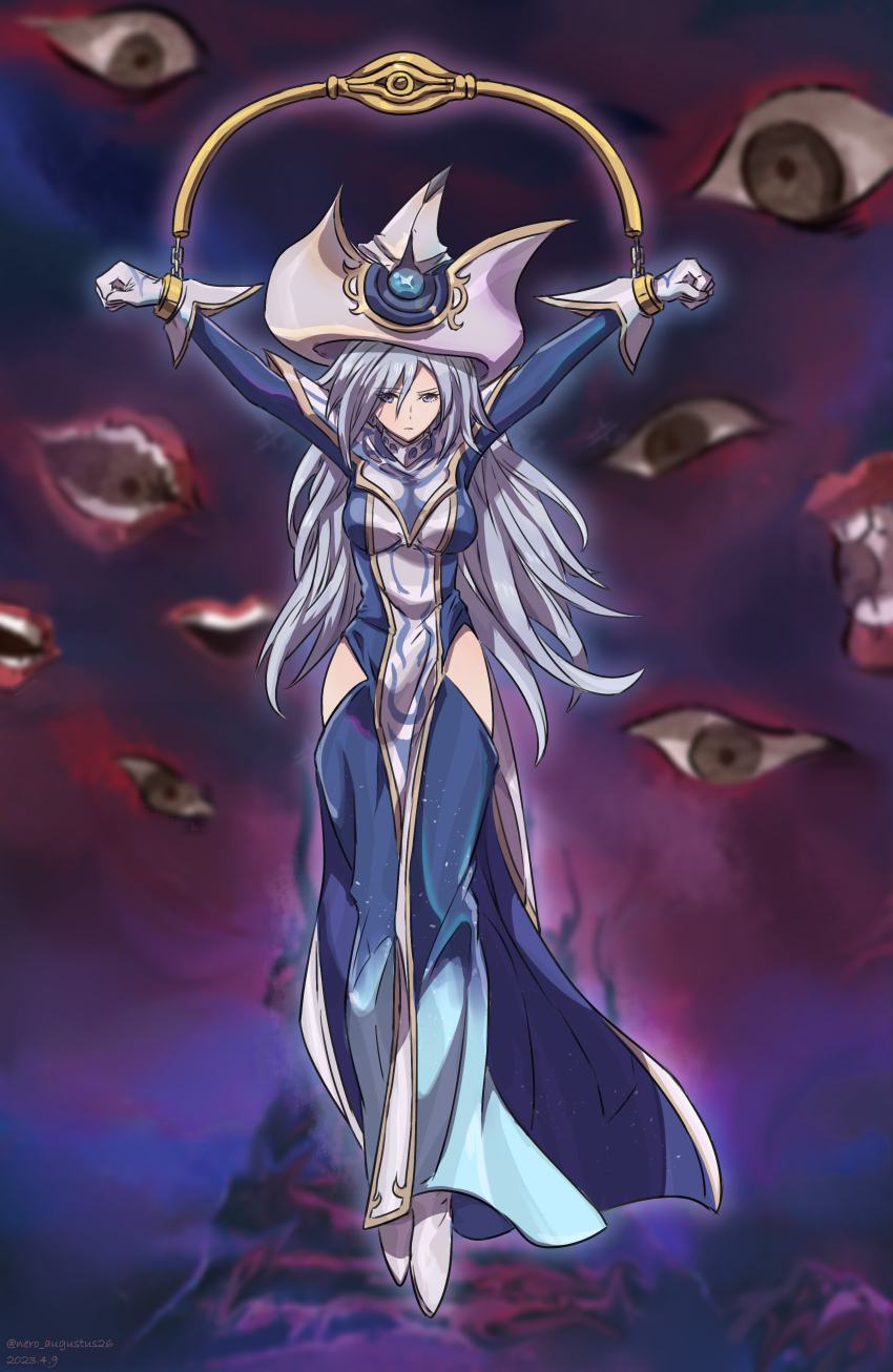 1girl absurdres bdsm blue_dress bondage bound disembodied_eye disembodied_mouth dress duel_monster gloves grey_hair hanging hat highres hip_vent long_hair looking_at_viewer nero_augustus restrained silent_magician tied_up_(nonsexual) white_gloves white_hat wizard_hat yu-gi-oh!