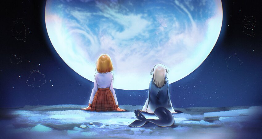 2girls absurdres arm_support arms_at_sides blonde_hair brown_skirt commentary earth_(planet) english_commentary facing_away fins fish_tail from_behind gawr_gura gawr_gura_(1st_costume) highres hololive hololive_english long_hair long_sleeves maru_ccy medium_hair moon multiple_girls planet pleated_skirt shark_girl shark_tail short_twintails sitting skirt sky space star_(sky) starry_sky tail twintails virtual_youtuber watson_amelia watson_amelia_(1st_costume) white_hair