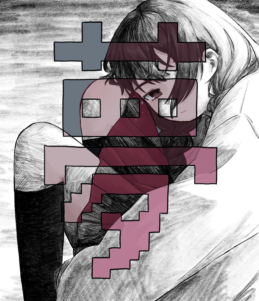 1girl black_socks braid brown_eyes brown_hair denkai_461 greyscale half-closed_eyes highres kanji_focus long_hair looking_at_viewer madotsuki monochrome pink_sweater red_skirt sidelocks skirt socks sweater yume_nikki