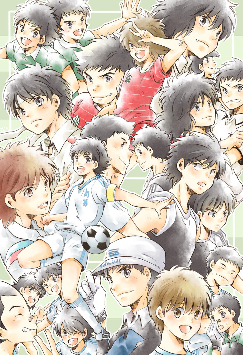 6+boys annotated ball black_hair brown_hair captain_tsubasa gloves hat highres hiro_(minorstar) hyuuga_kojirou ishizaki_ryou izawa_mamoru jitou_hiroshi ken_wakashimazu kishida_takeshi kisugi_teppei long_hair male_focus matsuyama_hikaru misaki_tarou misugi_jun morisaki_yuuzou multiple_boys nitta_shun oozora_tsubasa sano_mitsuru sawada_takeshi short_hair shorts soccer soccer_ball soccer_uniform sorimachi_kazuki souda_makoto sportswear striped_background tachibana_kazuo tachibana_masao takasugi_shingou taki_hajime telstar urabe_hanji wakabayashi_genzou wakashimazu_ken