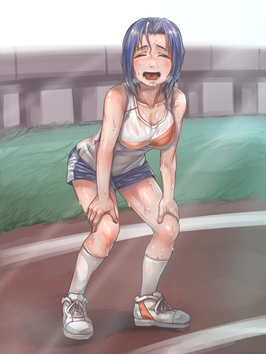 1girl absurdres ahoge bent_over blue_hair blue_shorts blush breasts closed_eyes collarbone exhausted full_body grass hands_on_own_knees heavy_breathing highres hold111 idolmaster idolmaster_(classic) large_breasts looking_at_viewer miura_azusa open_mouth outdoors shirt shoes short_hair shorts sleeveless sleeveless_shirt socks solo standing sweat track_and_field wet wet_clothes wet_shirt white_footwear white_shirt white_socks