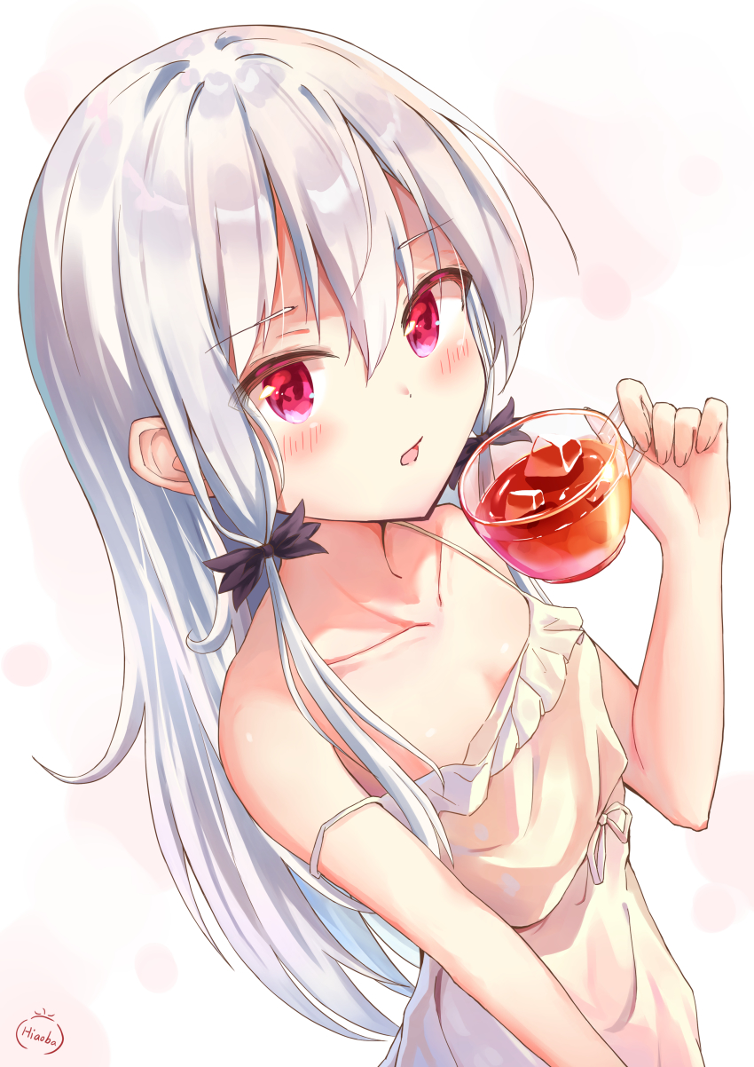 absurdres artist_name bare_arms bare_shoulders blush bow breasts cleavage collarbone cup dress frilled_dress frills hair_between_eyes hair_bow hand_up hiaoba highres holding holding_cup ice ice_cube long_hair looking_at_viewer open_mouth red_eyes silver_hair simple_background sleeveless sleeveless_dress small_breasts sophie_twilight straight_hair strap_slip tonari_no_kyuuketsuki-san upper_body vampire white_background white_dress