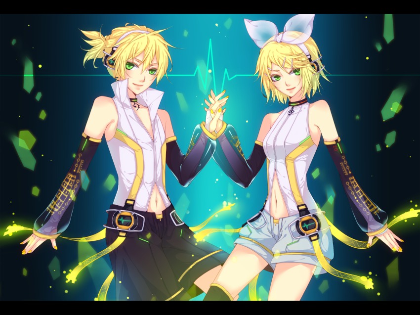 1boy 1girl arm_warmers bad_id bad_pixiv_id blonde_hair brother_and_sister detached_sleeves green_eyes hair_ornament hair_ribbon hairclip headphones kagamine_len kagamine_len_(append) kagamine_rin kagamine_rin_(append) natsuki0910 navel popped_collar ribbon short_hair shorts siblings smile twins vocaloid vocaloid_append