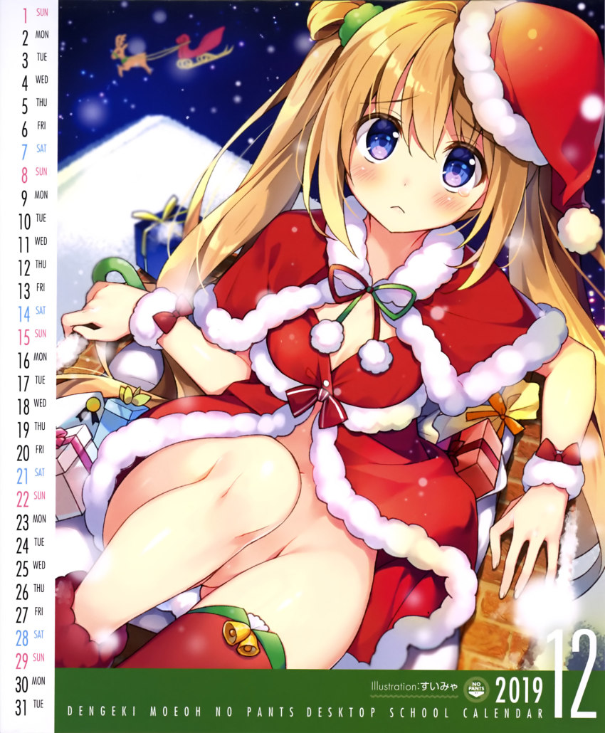 1girl absurdres breasts calendar christmas cleavage dress hat highres no_panties red_hat suimya thighhighs